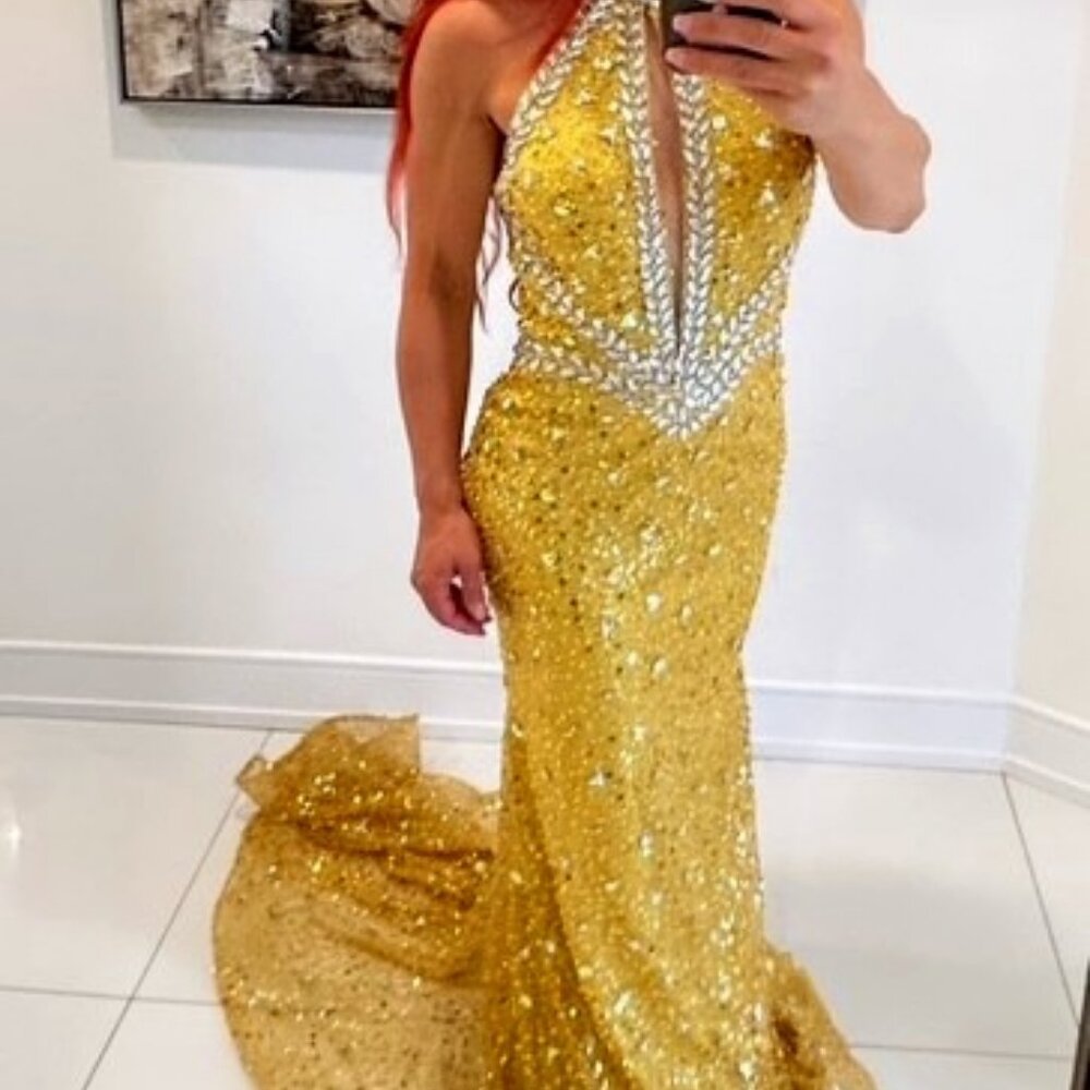 Yellow Halter Long Mermaid Prom Party Dress with Glitter Beadings